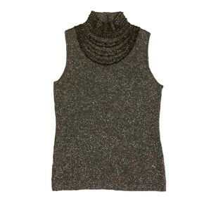 GRACE SILK BLEND METALLIC SILVER SLEEVELESS TOP WITH BEADED NECK LINE/ Size L